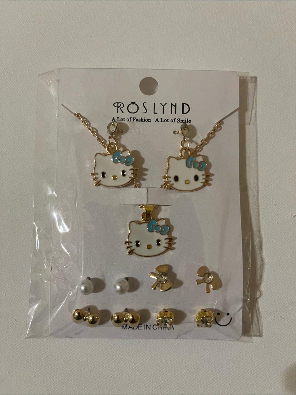 Gold White Hello Kitty Pendant and Earring Set